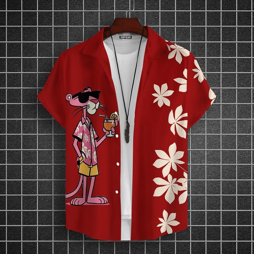 Cartoon Leopard Grafik Herren Kurzarm Hemd mit Kragen Oberteile Unisex Rosa Knopfleiste Hawaiian Hemden Sommer Täglich Damen Blusen