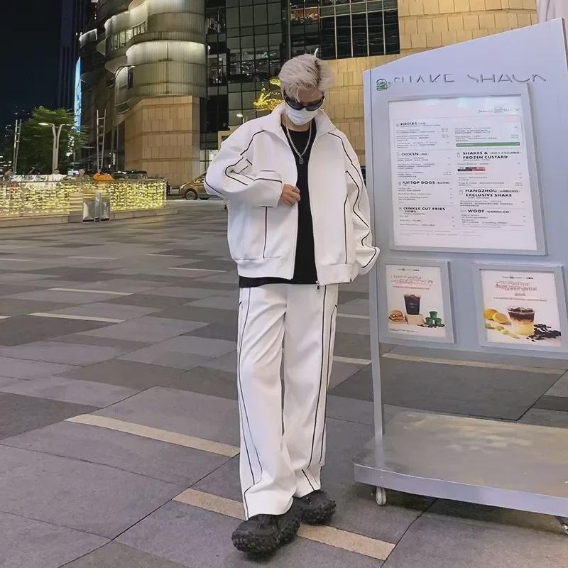 Men's Trendy Loose-Fit Sports Suit: Korean-Style Solid Color Jacket & Casual Pants Two-Piece Set for Spring/Autumn.