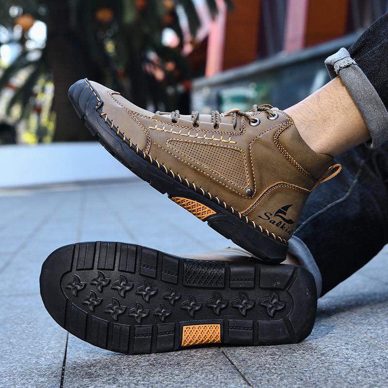 New Style Plus Size Men's Hand-Stitched Leather Martin Boots - Short, Lace-Up, Casual Footwear