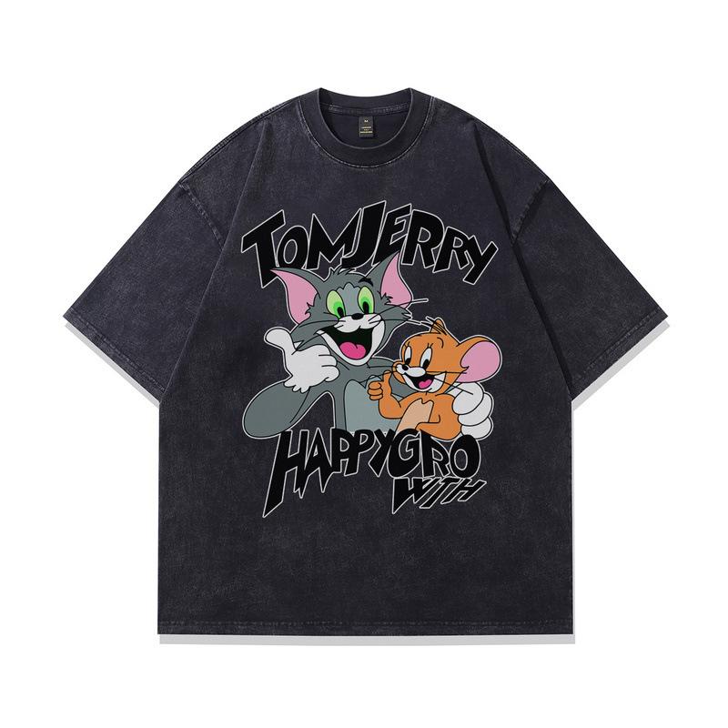 Heavy Cotton Washed Short-Sleeved T-Shirt American Retro Trendy Cartoon Printed Vintage Half-Sleeved Top