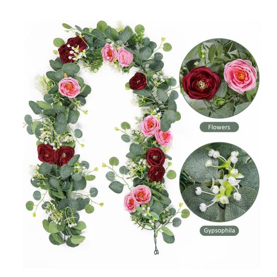 Artificial Eucalyptus Flower Garland with Rose Faux Floral Greenery Garland Fake Rose Flower Vine for Wedding Party Wall Backdrop Decor