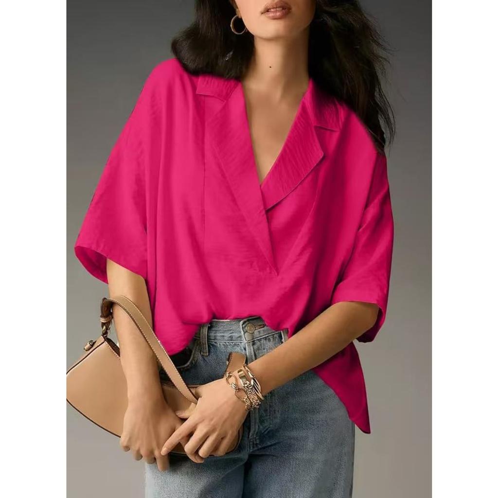 Women's, Summer New Style, Short Sleeved, Lapel, Casual, Loose Fit, Top, Solid Color Shirt