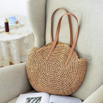 Borsa a tracolla da viaggio estiva in paglia intrecciata circolare estiva