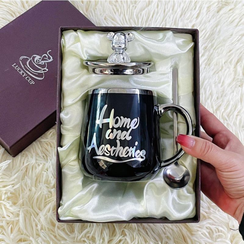 

Кружка с крышкой и ложкой, керамическая чашка для женщин и мужчин для домашнего использования, красивая, офисная, для завтрака, для кофе, для пары, чашка для воды, для пары 301-400ml