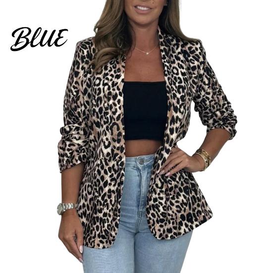 Comfortable Women Suit Coat Lapel Long Sleeve Single Button Color Matching Jacket Color-Blocked Leopard Print