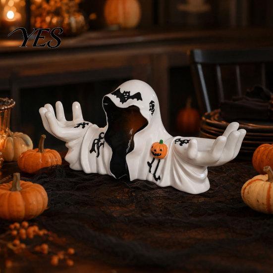 Halloween Ghost Figurine White Robe Figurine, Spooky Wizard Decorative Resin Statue, Gothic Sculpture Candle Holder, for Home Bedroom