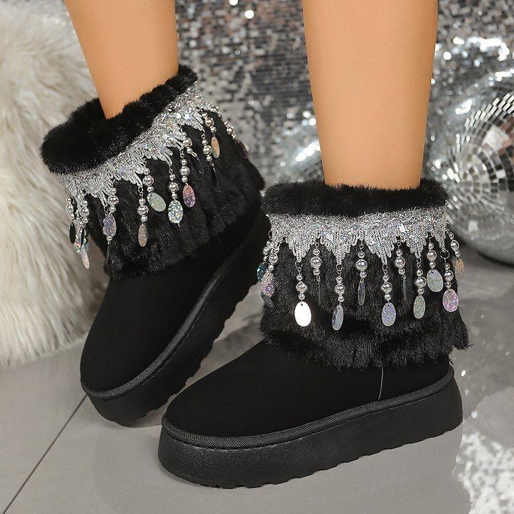 Premium comfortable versatile platform short boots children's 2025 autumn and winter new niche fringed beaded snow boots