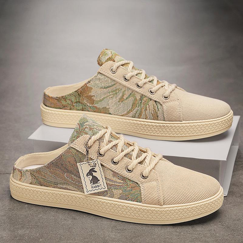 Men's canvas half-drag without heel casual breathable trend versatile daily four seasons can wear men's simple slippers