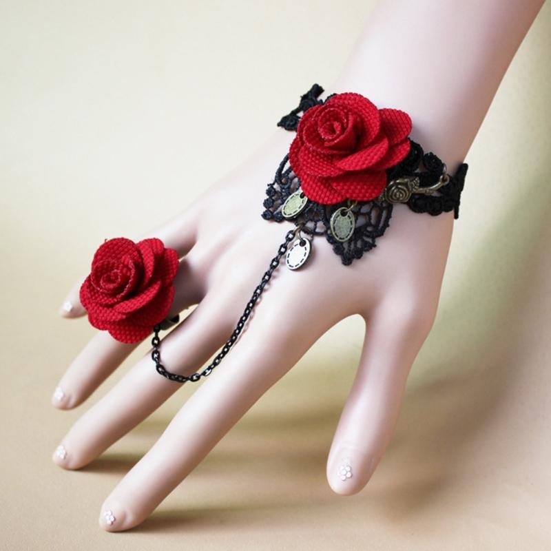Rose Lace Hand Chain Ring Bracelet Chain Tassel Coins Finger Bracelet Sweet Hand Jewelry for Women and Girls Gifts