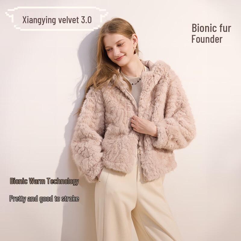 Xiangying Women s Pink Hooded Plush Faux Fur Jacket M