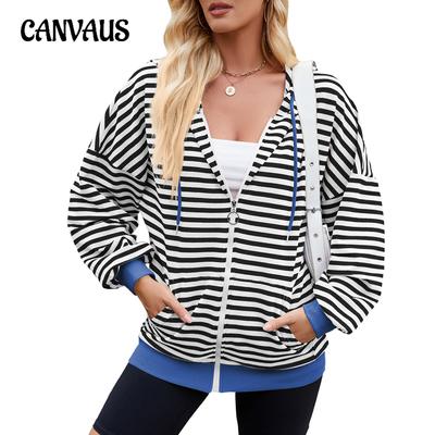 Moletom Feminino Listrado Plus Size Outono Inverno com Capuz, Cores Contrastantes, Solto, com Bolso, Manga Longa