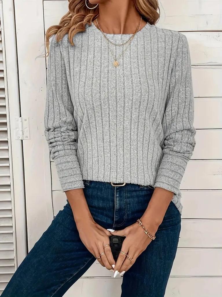 Solid Color Comfortable Crew Neck Pit Strip T-Shirt Spring and Autumn Casual Long Sleeve Top Women's Clothing