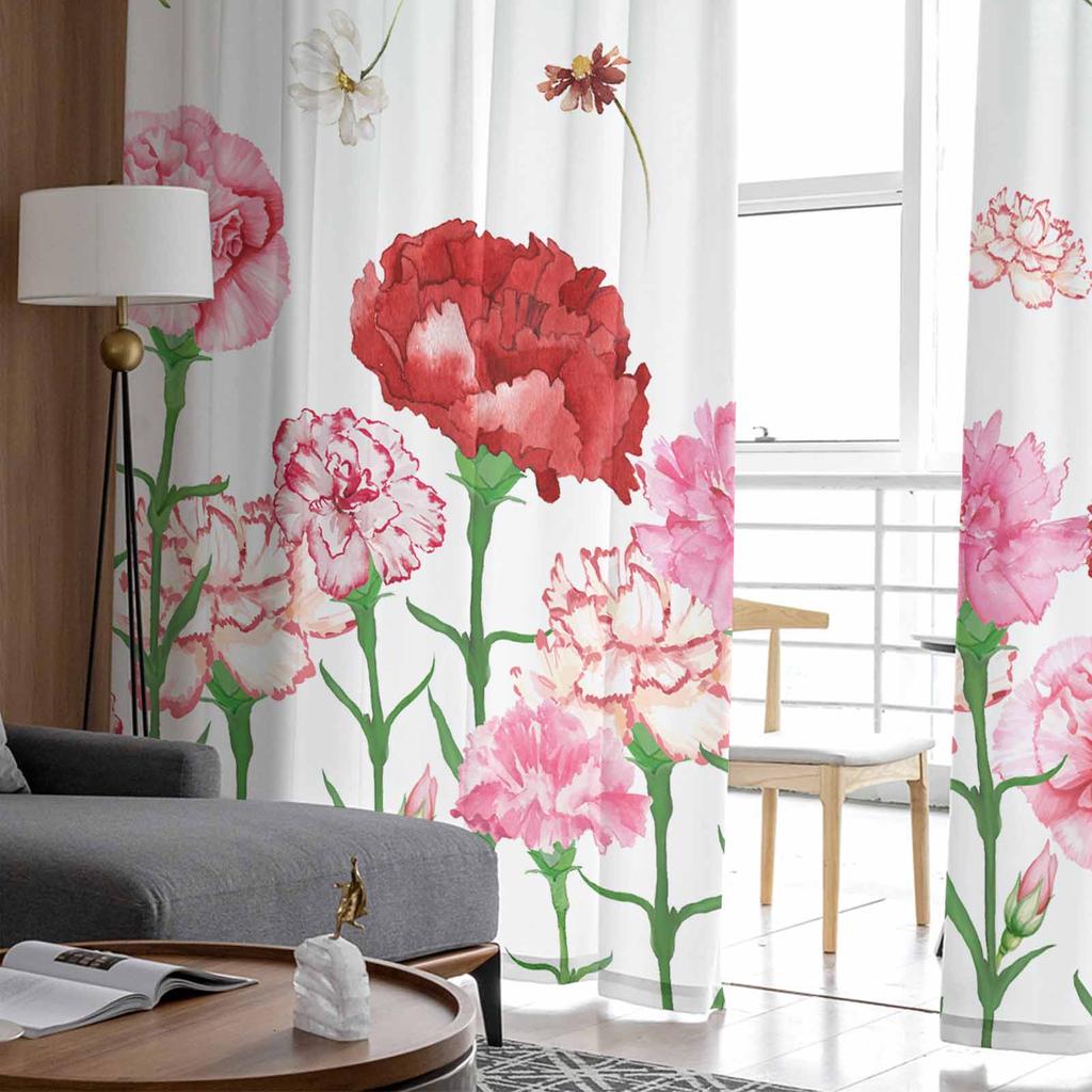 Watercolor Flowers Pink Red Carnations Mother'S Day Tulle Window Curtain for Bedroom Luxury Drapes In Living Room Chiffon Panels