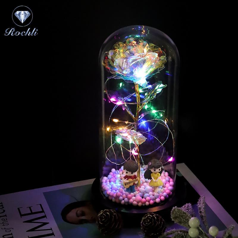 Rose Flower Preserved in Glass Dome with Night Light - Mother's Day or Birthday Gift Ornament