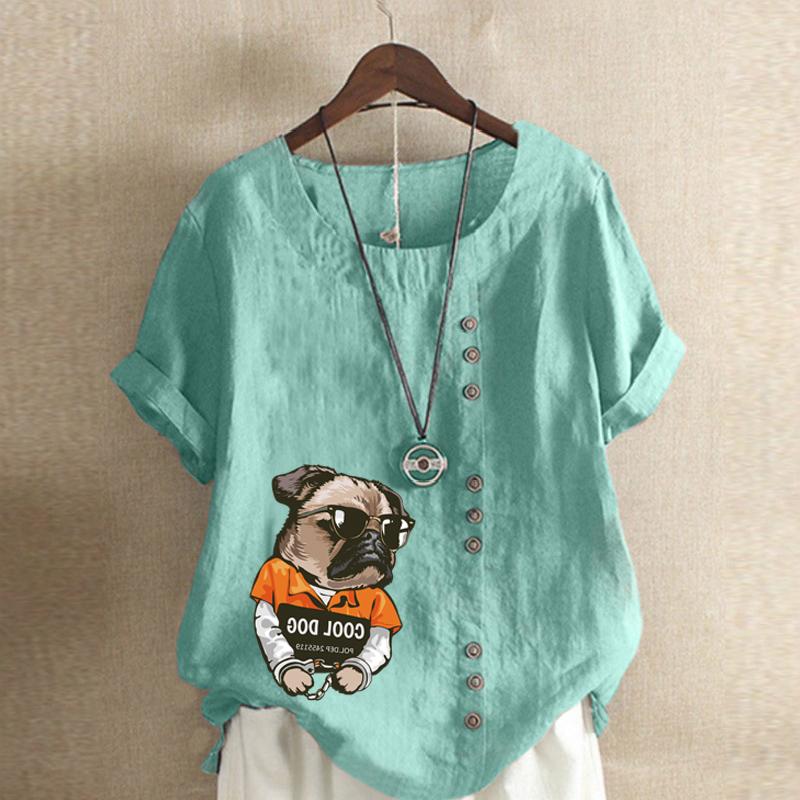 

Женская мода, летняя футболка с круглым вырезом и короткими рукавами с принтом собаки, повседневная хлопково-льняная рубашка с рисунком, свободная блузка для отдыха, топы больших размеров XXXXXL зелёный