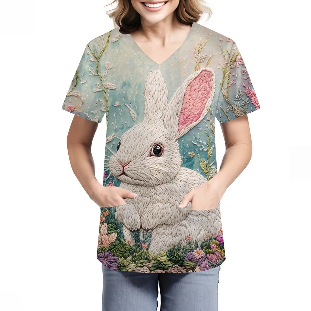 Damenmode V-Ausschnitt Kurzarm Arbeitskleidung mit Taschen Osterdruck Oberteil Pflegekleidung