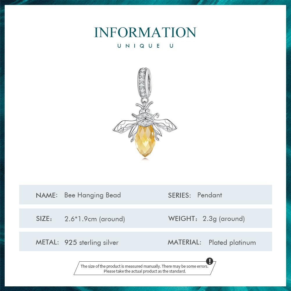 BAMOER 925 argint sterling galben albină agățată mărgele drăguță insectă pandantiv pentru femei colier brățară