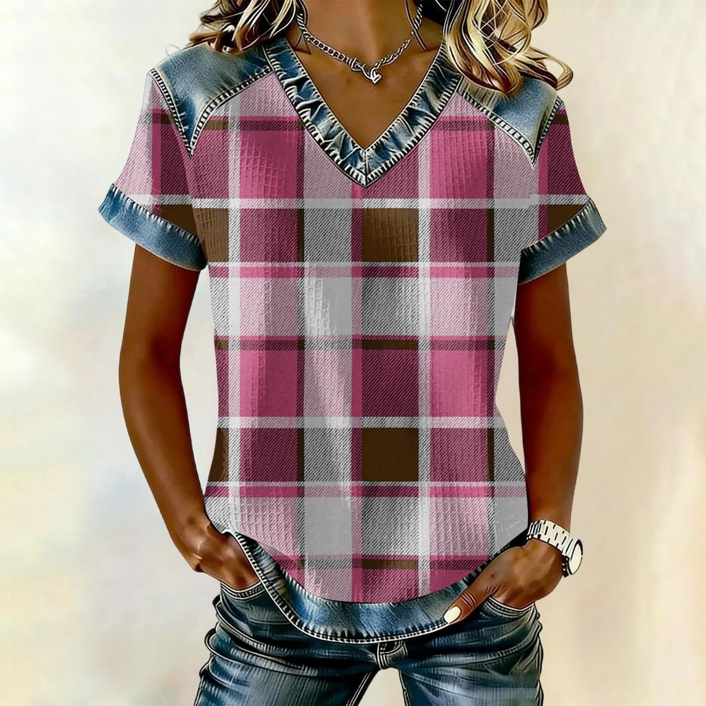 Women's Fashionable Casual Striped Checkered Printed Blouse