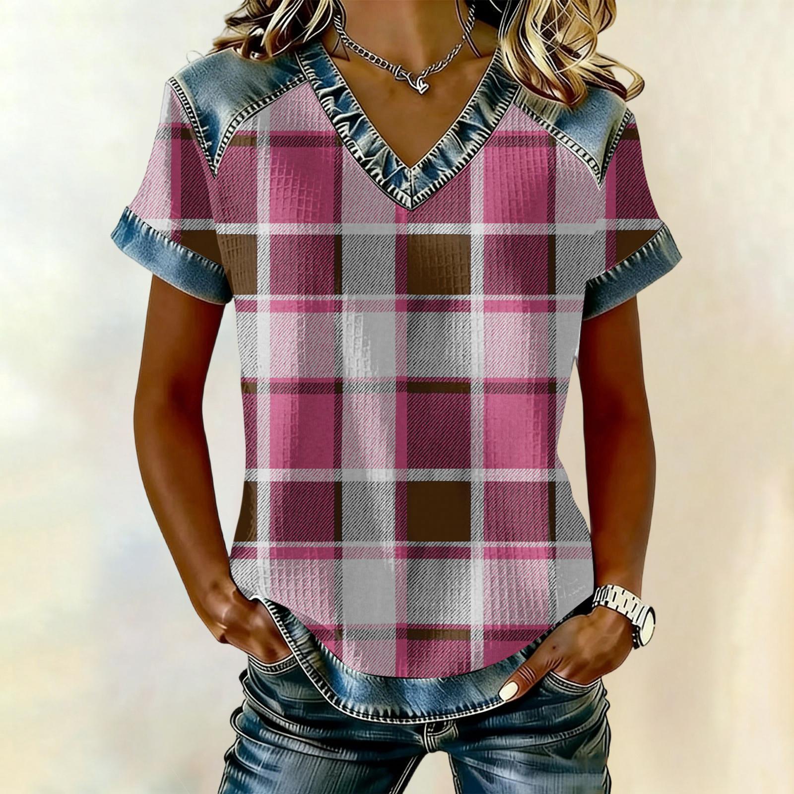 

Women s fashionable casual striped checkered printed blouse M
