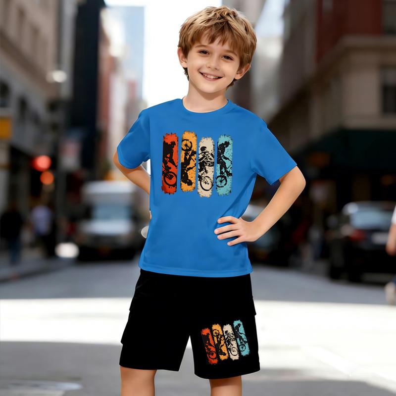 Boys 2 Piece Extreme Sports Themed Print Outfit, Short Sleeve T-Shirt and Shorts Set for Kids Age 5-14,Black and White Sporty Casual Summer Clothes