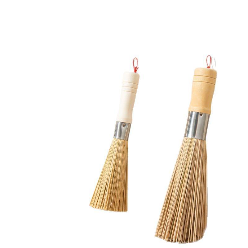 Natur Bambus Küchenbürsten Set: Altmodische Topfbürste, Spülbürste, Bambusbesen und Luffa-Seidenbürste.