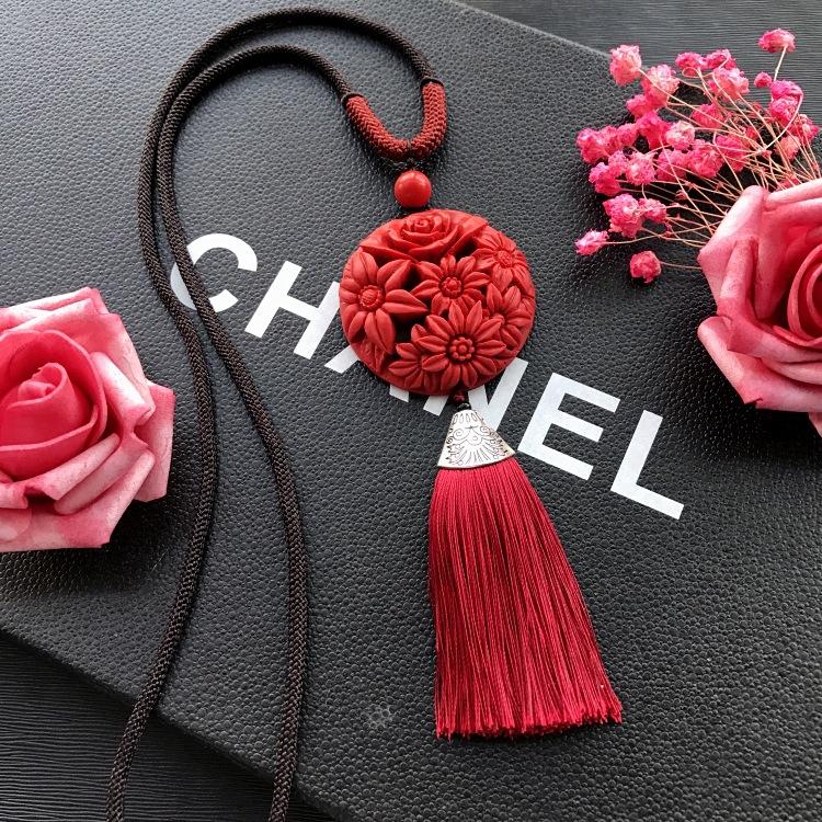 Neoclassical Chinese red cinnabar fringed necklace retro fashion long versatile sweater chain four seasons ethnic style accessories