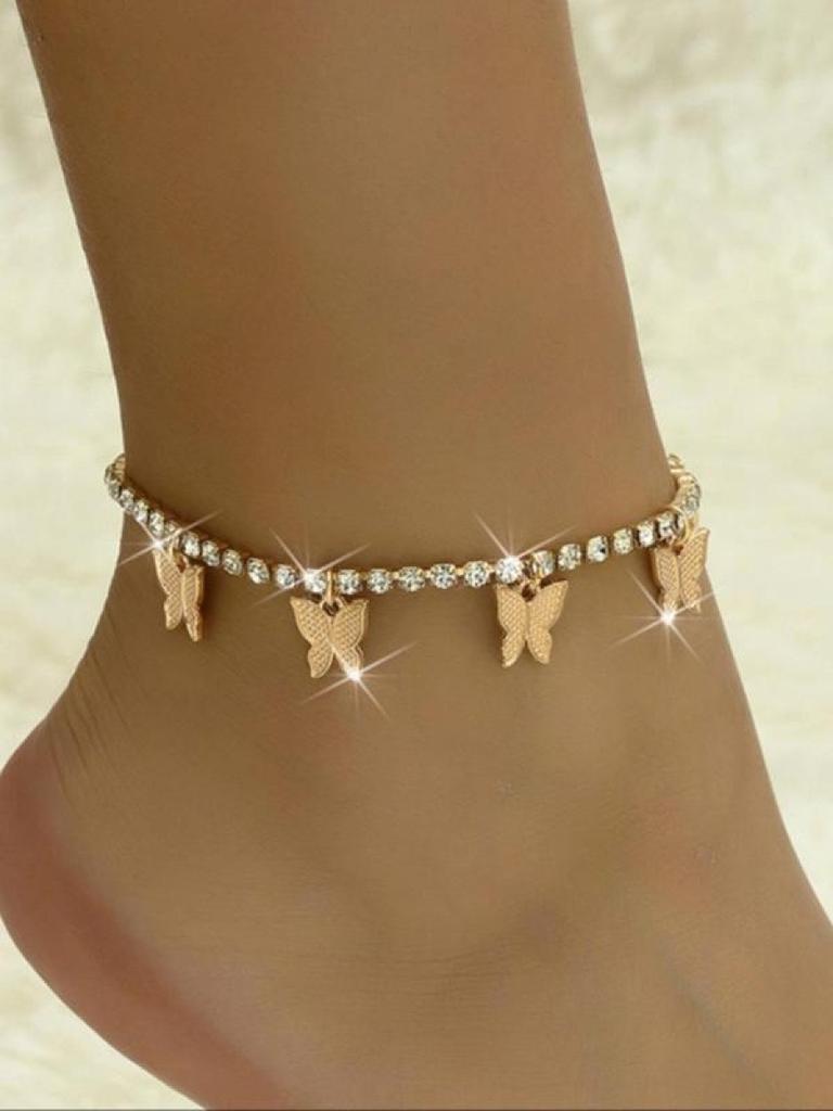 Women's Elegant Butterfly Design Anklet, Fashion Glamorous Rhinestone Anklet for Women & Gift, Casual Vacation Beach Jewelry Acc