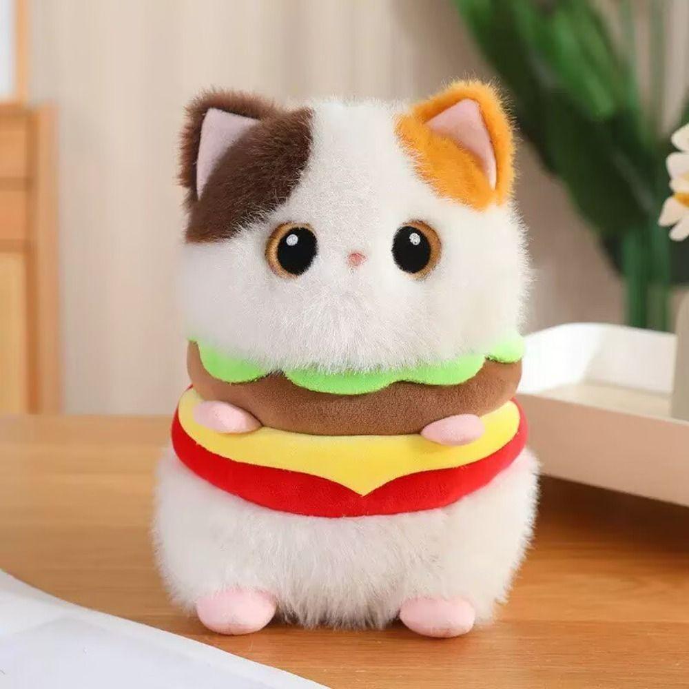 Cartoon Cat Stuffed Animal Pillow Soft Kitty Plush Doll Hamburger Cat Plush Toy Sleeping Companion