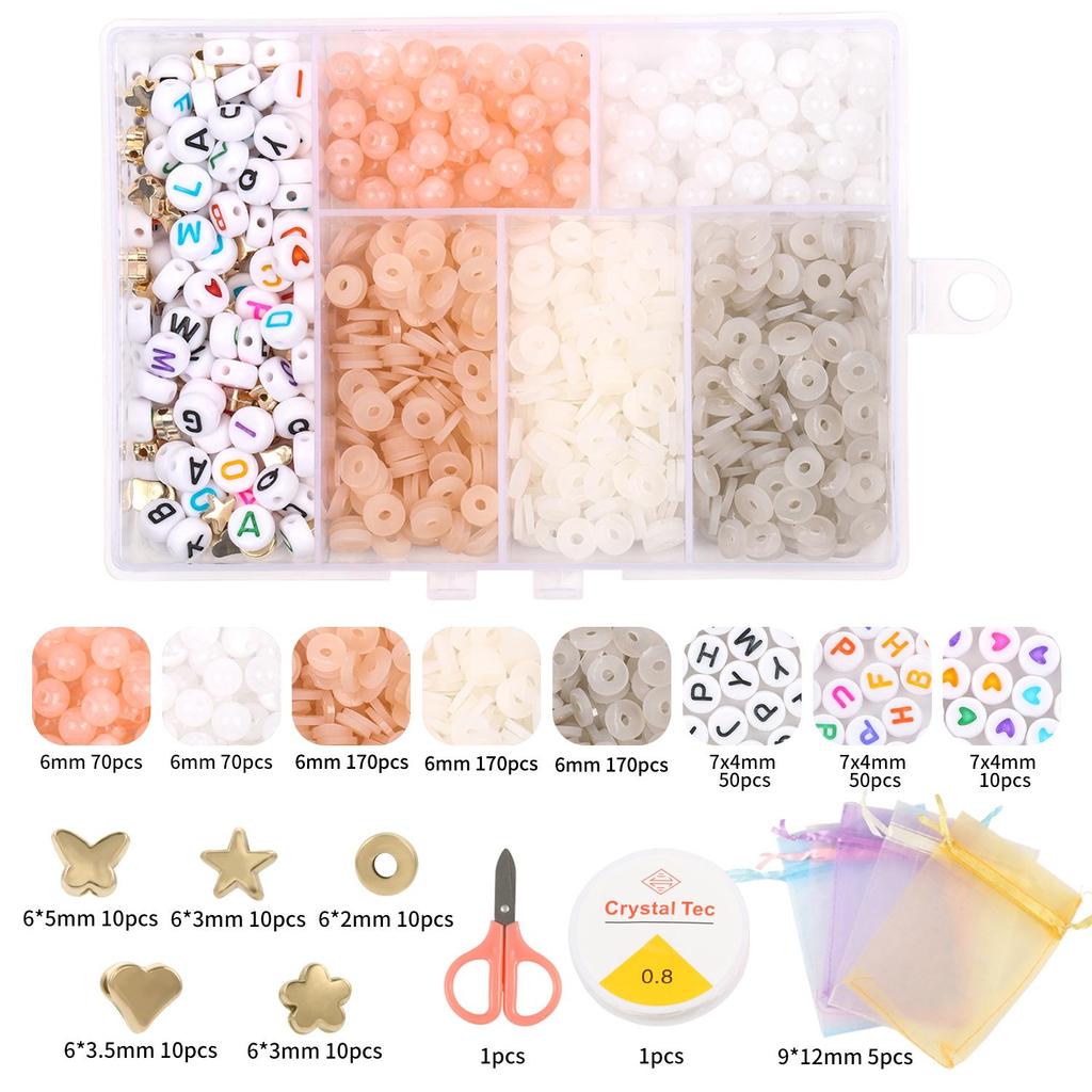 1set 6 Grid 6mm Acrylic Bead Letter Kit Flat Circular Transparent Polymer Clay Bead for Jewelry Making Kit with DIY Bracelet Necklace Elastic Rope Box