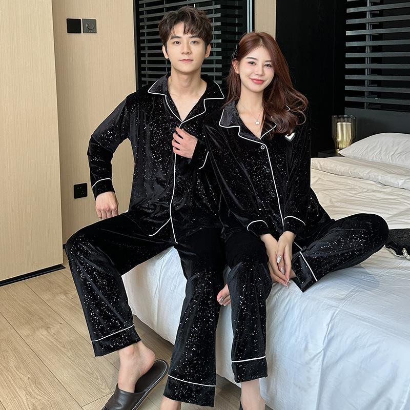 Golden velvet pajamas for women, couples, men's long-sleeved cardigan, premium new Korean version, popular loungewear can be worn outside