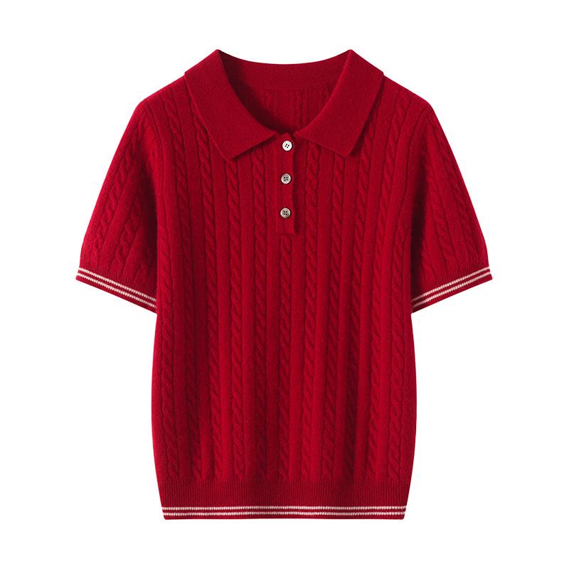 Lekasha Cashmere Goat Wool Cable Knit Polo Collar Short-Sleeve Top
