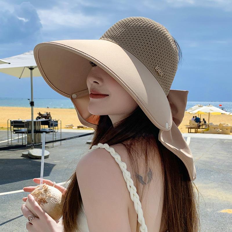 Summer New Hat Women's High-end Sense Diamond-encrusted Letter Mark Sun Protection Sun Hat Empty Top Bow Neck Protection Shawl Hat