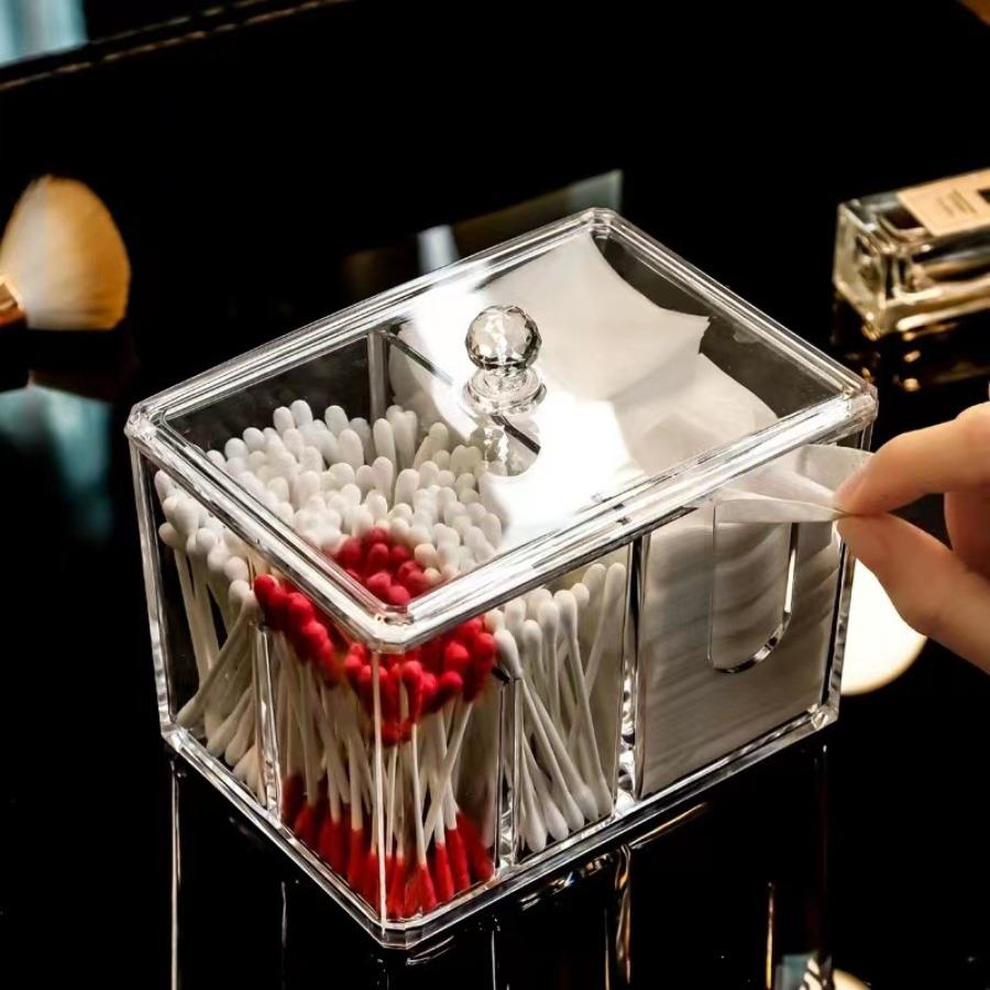 Portable Two-In-One Swab Storage Box Transparent Dustproof with Lid Desktop Makeup Sealed Drawer Style Organizer Only Box)