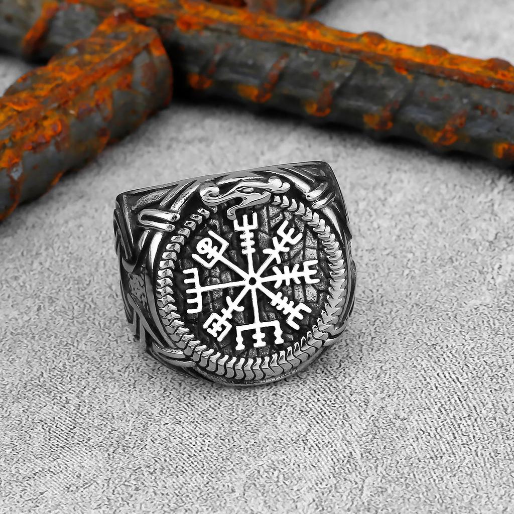 Stainless Steel Jewelry Vintage Nordic Viking Compass Symbol Runes Rings for Men Domineering Cool Nordic Rune Amulet Rings