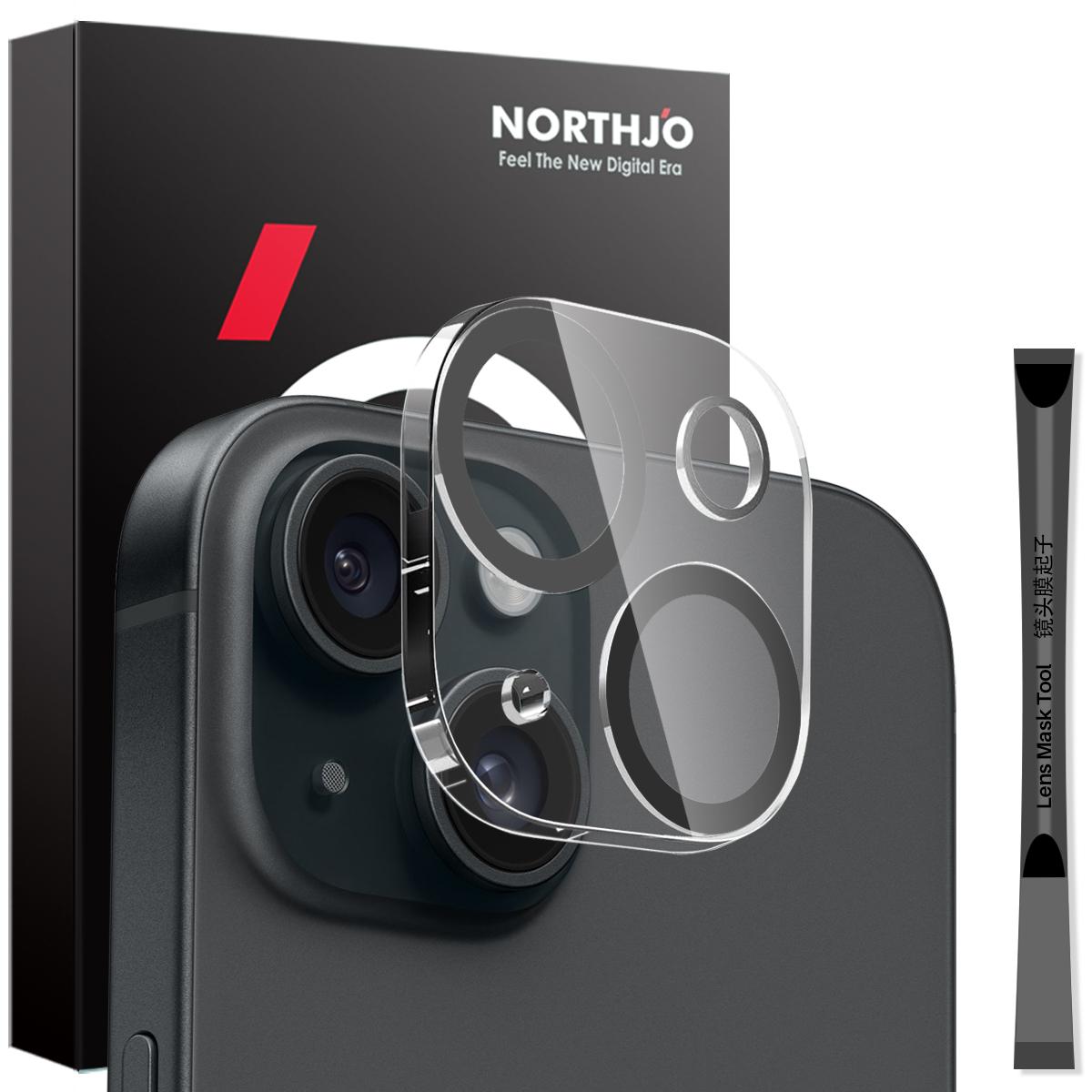 

NORTHJO For iPhone 15/15 Plus Tempered Glass Camera Lens Protector Black Circles HD Clear 3D Full Coverage Type A