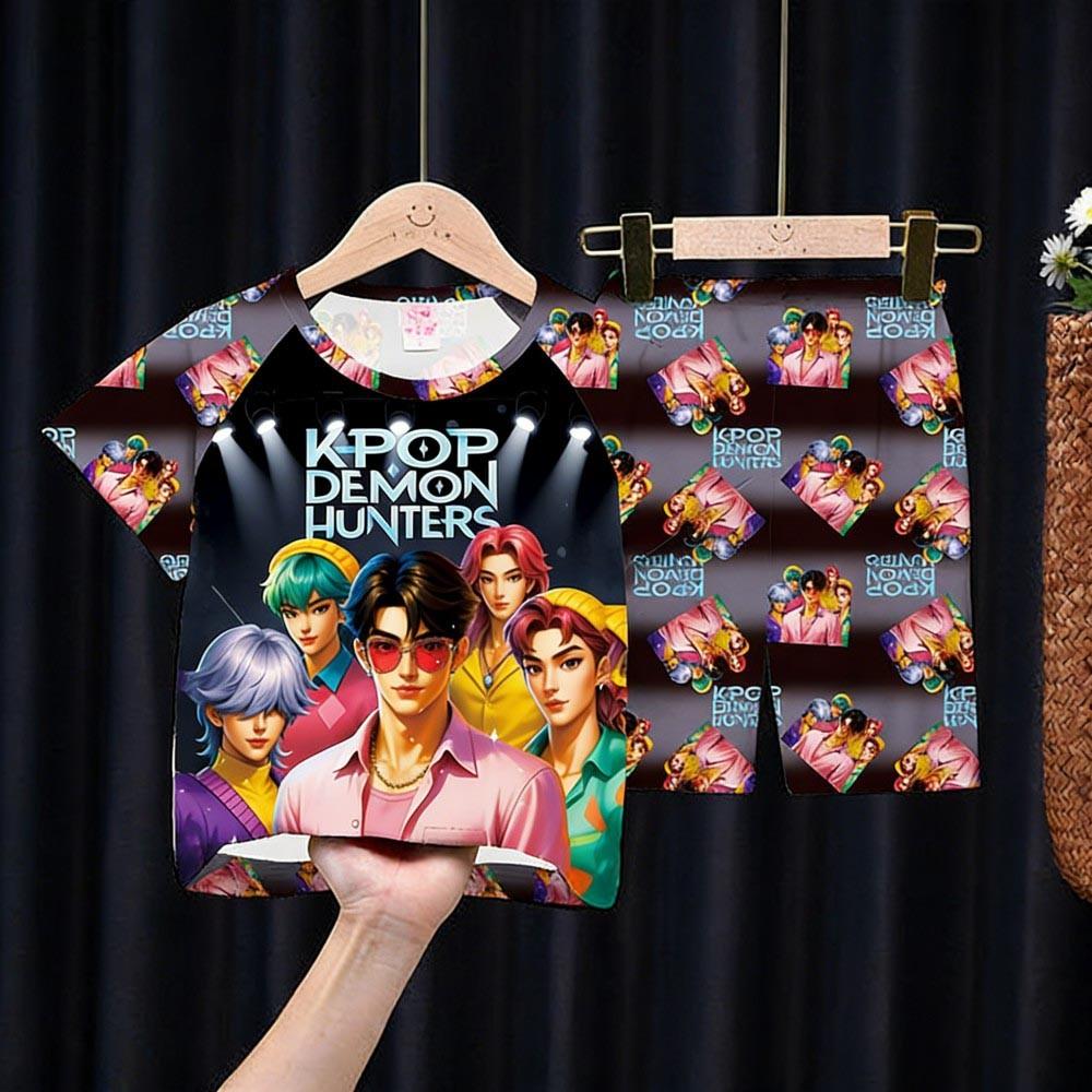 Kids Girls Boys 2PCS Pajamas Set K-pop Style Anime Short Sleeve T-shirt + Shorts Summer Comfortable Children Homewear Nightwear