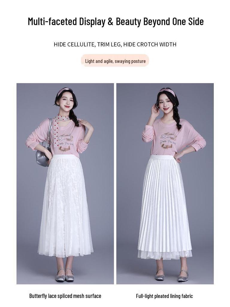 A-line Midi Skirt: High Waist Mesh Lace Patchwork for Women - Spring/Summer 2026