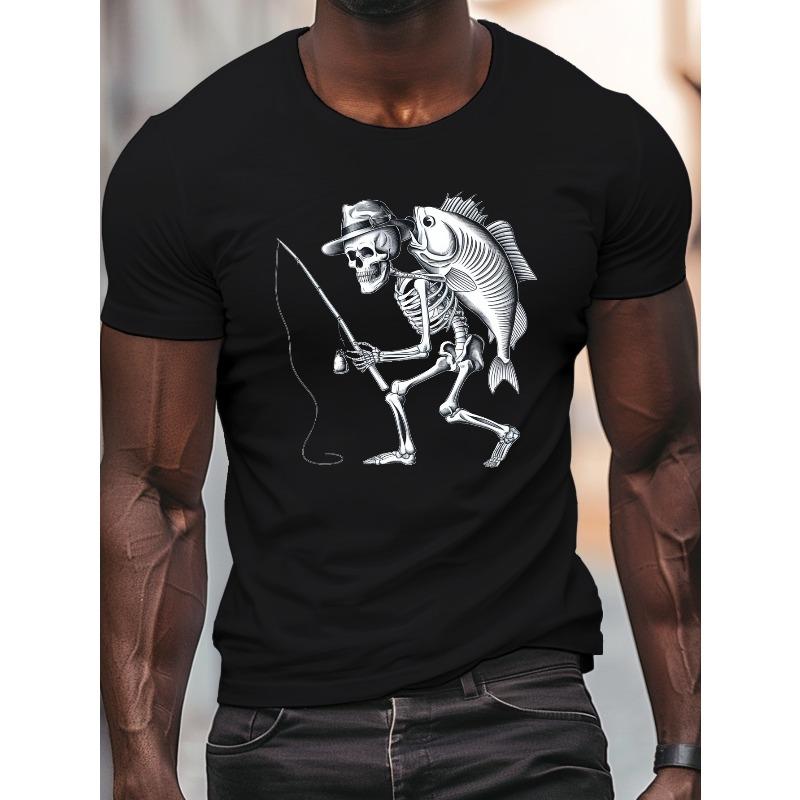 

European Size Men S Casual T-Shirt, Skeleton Fishing Graphic Print,Knit Fabric, Crew Neck, Regular Fit, Geometric Pattern, Summer Short Sleeve Top XL чорний