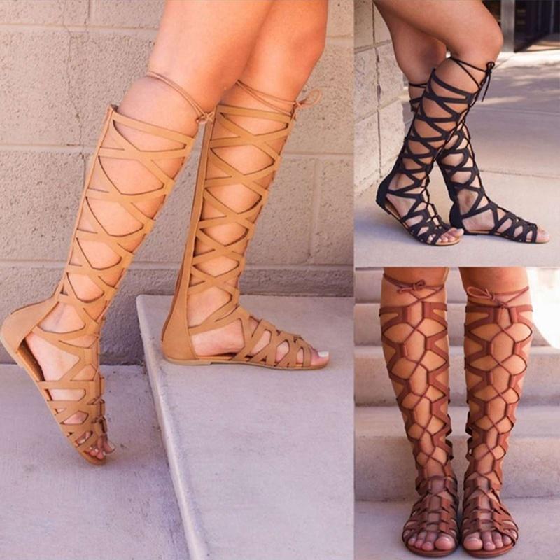 Stivali gladiatore alti alla moda estivi Sandali piatti stile romano causali