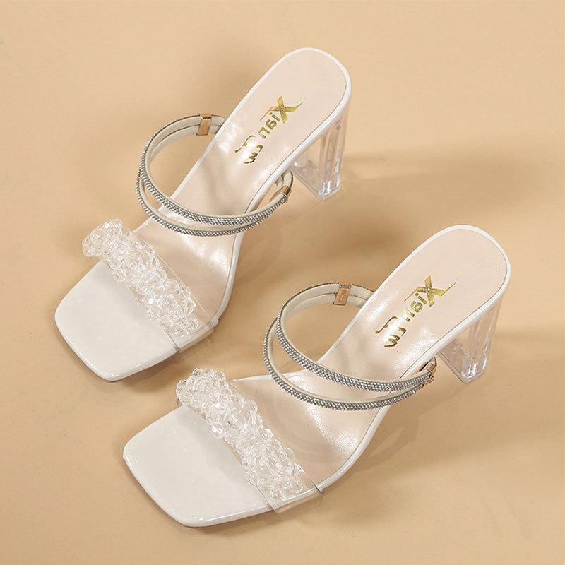 French crystal thick-heeled slippers for women's summer wear 2025 new fairy feng shui diamond two wear temperament high-heeled sandals