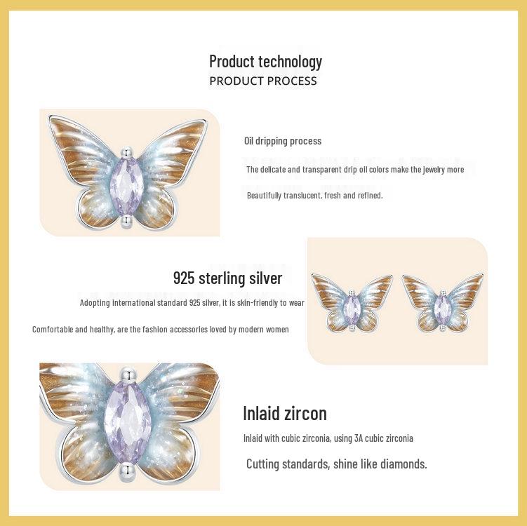 Silver Gradient Oil Drop Butterfly Earrings, S925 Sterling Silver Fashion Jewelry