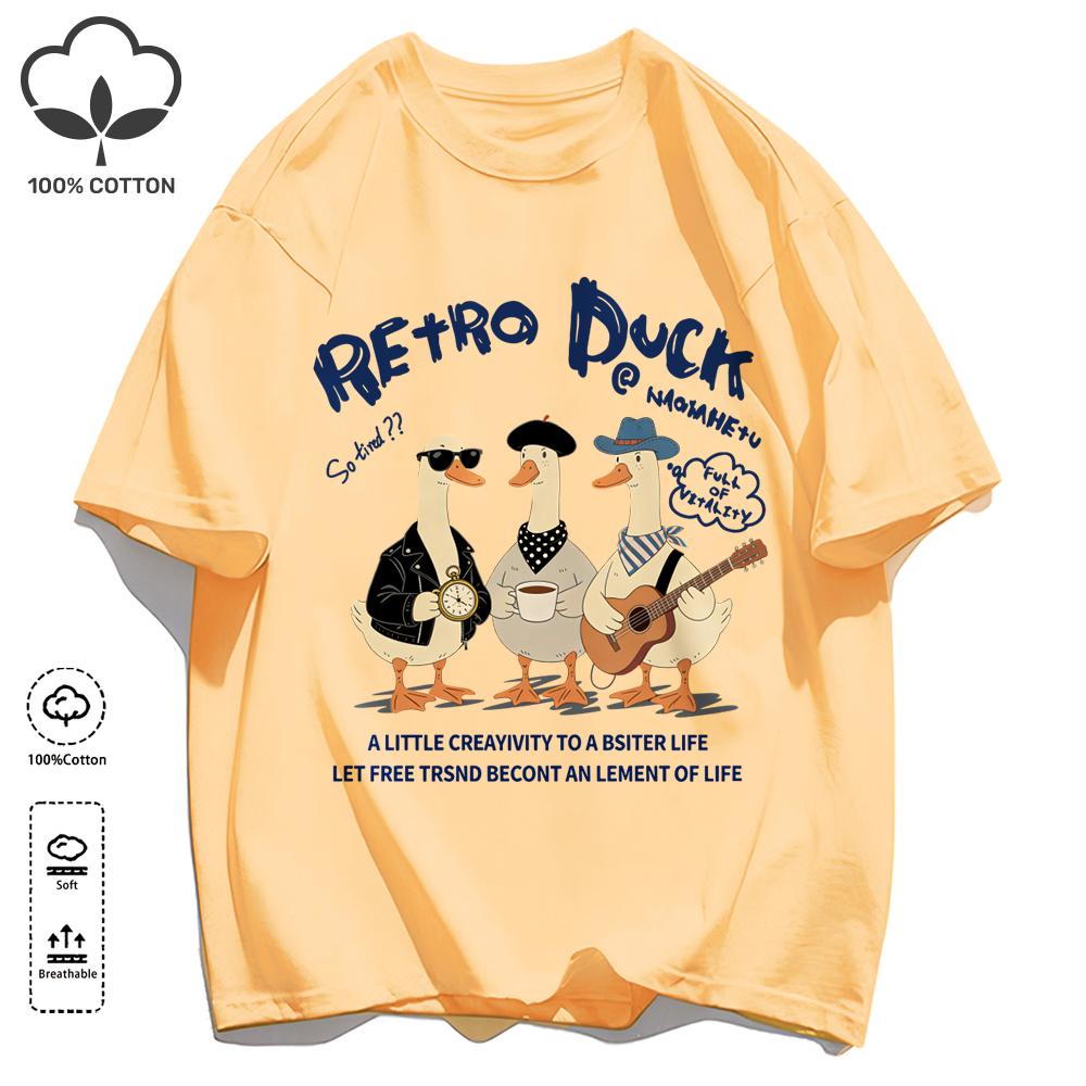 Retro Duck With Free Time T Shirt Unisex Fashion All-Match Basics Streetwear O-Neck Cotton Clothing Unisex Summer Loose Tee