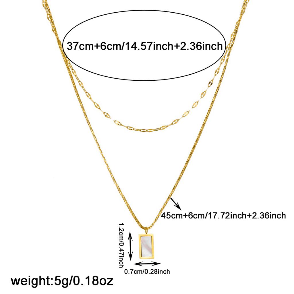 White Shell Inlay Rectangular Pendant Double-Layer Necklace Lady 316L Stainless Steel Simple Temperament Neck Chain