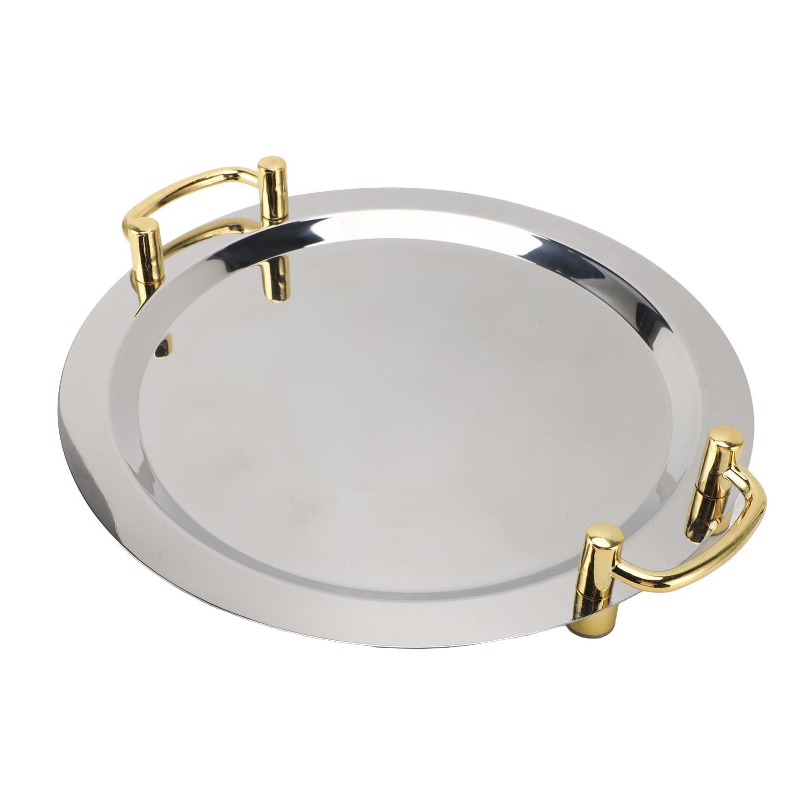 Stainless Steel Serving Tray Exquisite Elegant Mirror Surface Golden Carrying Handle 304 Stainless Steel Dinner Plates Round (Diameter 15.7in)