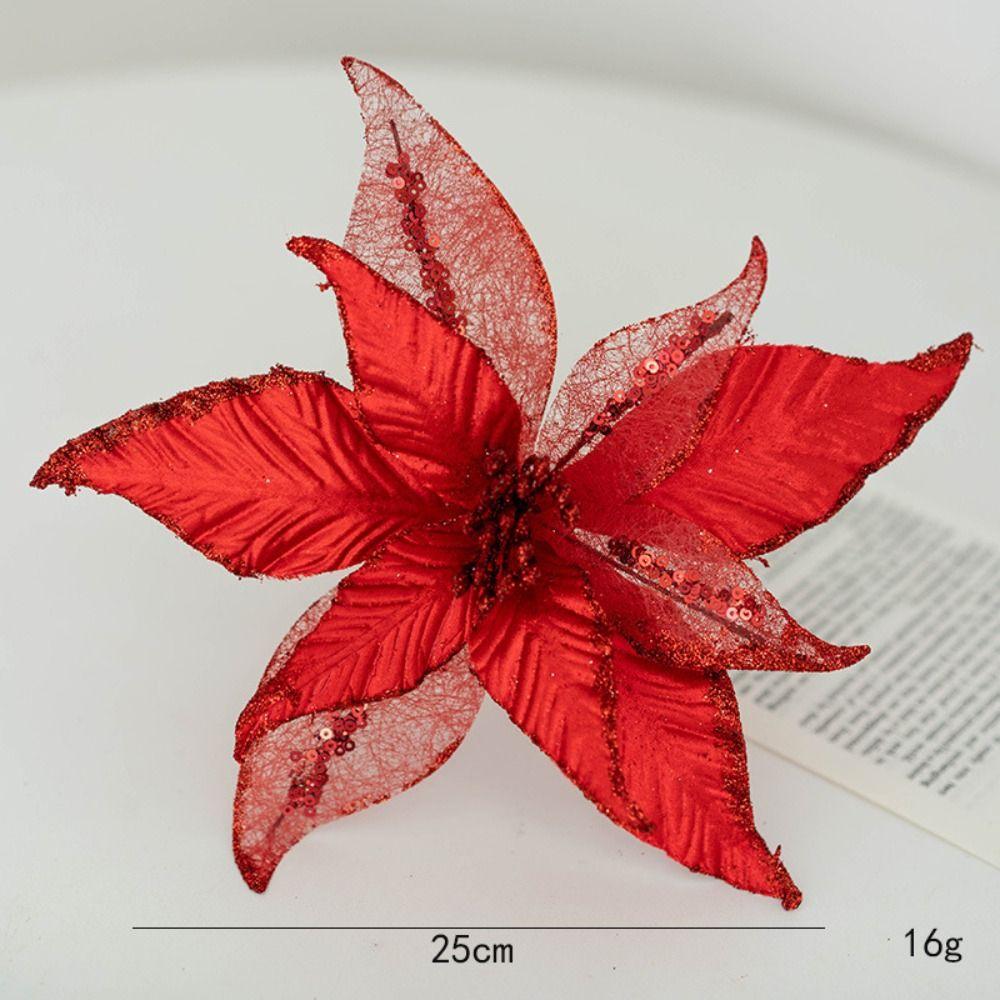 New Fabric Plastic Christmas Artificial Flowers DIY Decoration 25cm Xmas Tree Decorations Ornaments Fake Flower Xmas