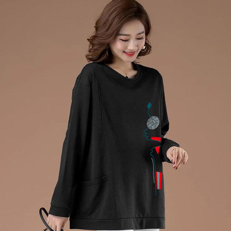 Spring Women Blouses Long Sleeve Print Element TShirts Casual Round Neck Ladies Tops Pullover
