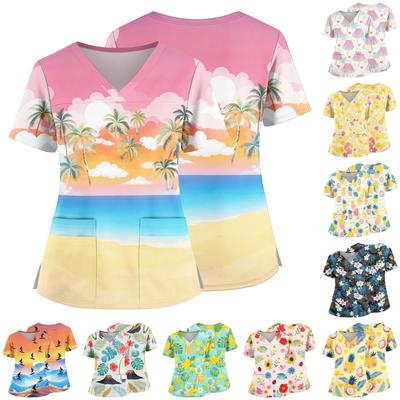 Women's V Neck Hawaiian Print Medical Scrub Top Short Sleeve Side Slit Design with Front Pockets Lightweight Comfortable Fabric