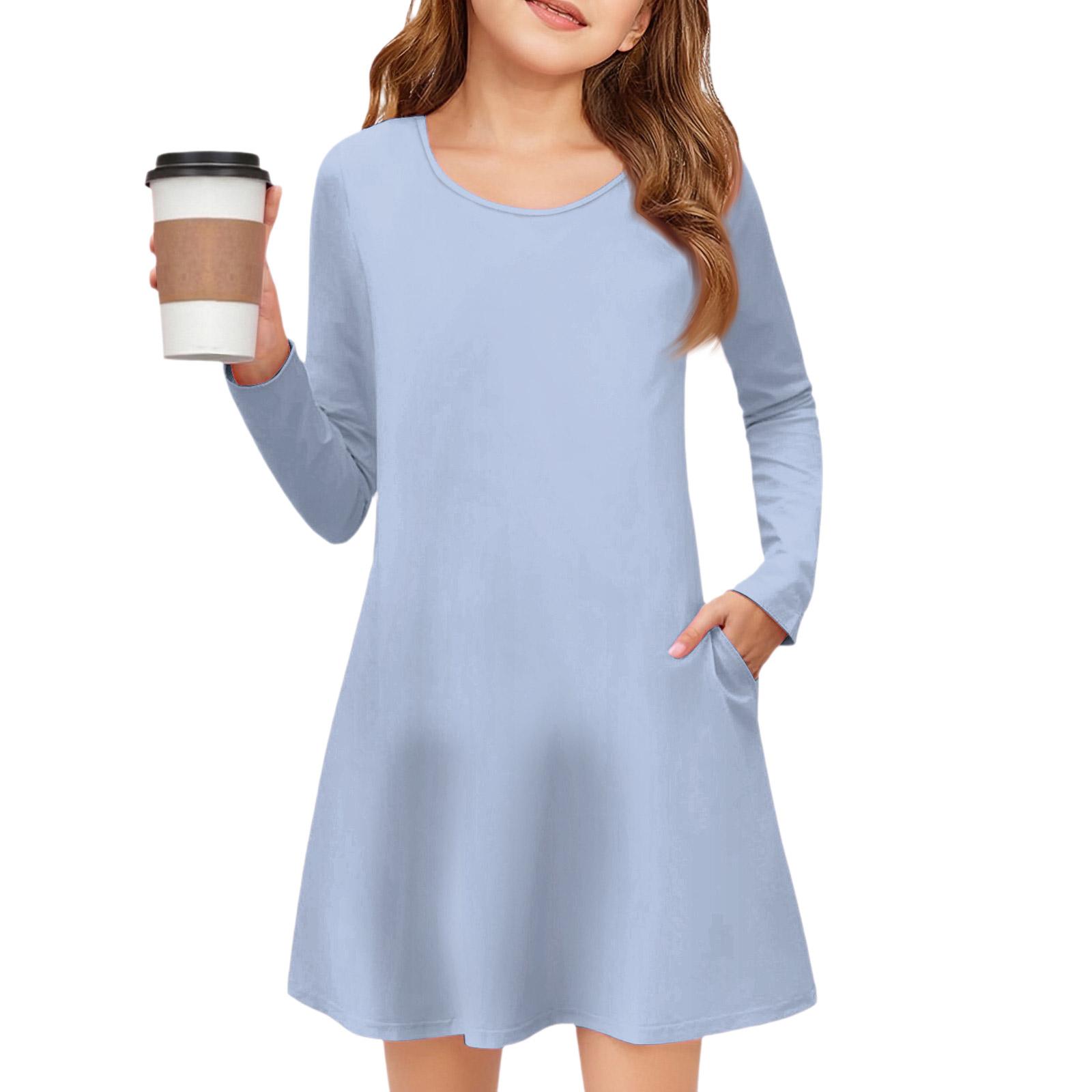 

Girls Long Sleeve Dress - Solid Color Pocket Dress 120