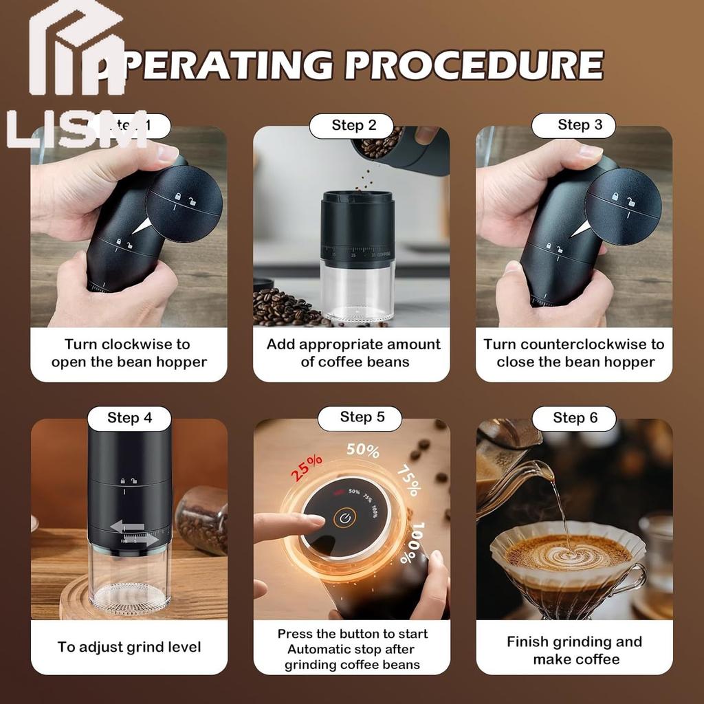 Portable Electric Coffee Grinder Rechargeable Office 38 Adjustable Grinding Settings LED Battery Indicator Shows Battery Power