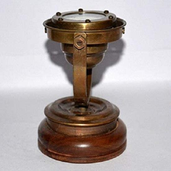 Brass Antique  Nautical Vintage Ship Binnacle with Gimbal Compass On Wooden Base